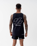 Back view of the Nexletica Men's Perform Running Singlet in black with the large outlined logo graphic and NEXLETICA wordmark