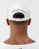 Close-up back view of the white Nexletica Perform Hat showing the adjustable clip strap and one-size fit