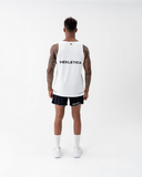 Full-length back view of the Nexletica Men's Perform Running Singlet in white showing the black NEXLETICA wordmark and matching shorts