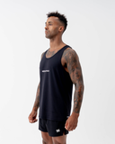 Side view of the black Nexletica Men's Perform Running Singlet, showing the lightweight running fit and scoop neckline