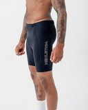 Side view of the black Nexletica Men's Perform Running Tights with the reflective NEXLETICA leg print and side drop-in pocket