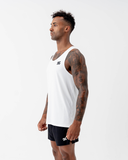 Side view of the white Nexletica Men's Perform Running Singlet, showing the lightweight running fit and scoop neckline