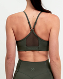 Back view of Synergy Sports Bra in Khaki with mesh racerback and Nexletica logo