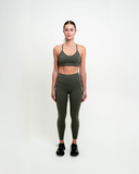 Full-body front view showing Synergy Sports Bra and leggings in matching Khaki